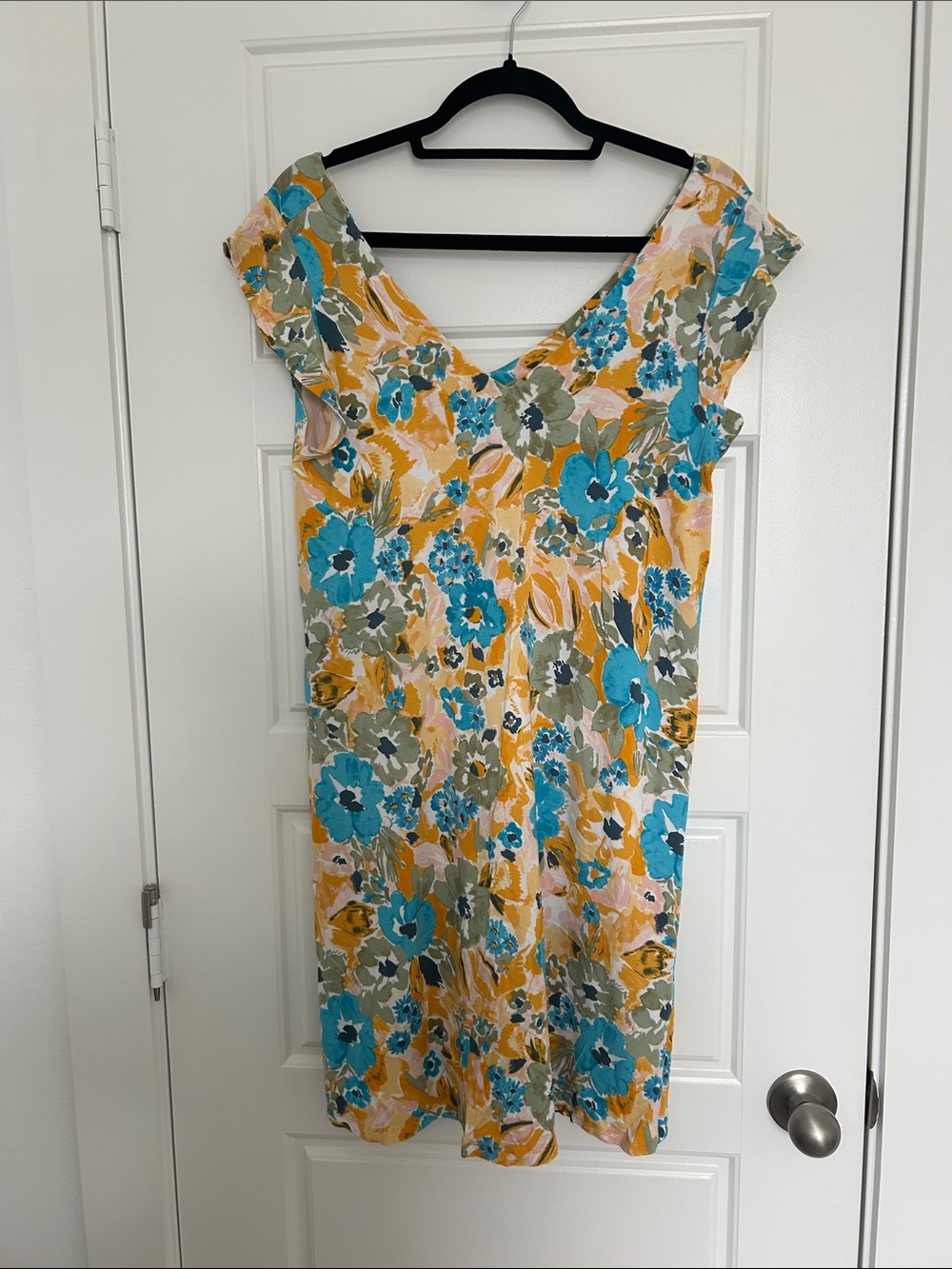 LOFT Floral V-Neck Midi Dress in Teal, Mustard & Cream